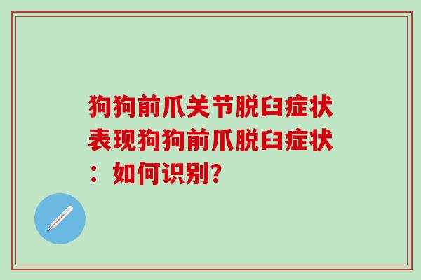狗狗前爪关节脱臼症状表现狗狗前爪脱臼症状：如何识别？